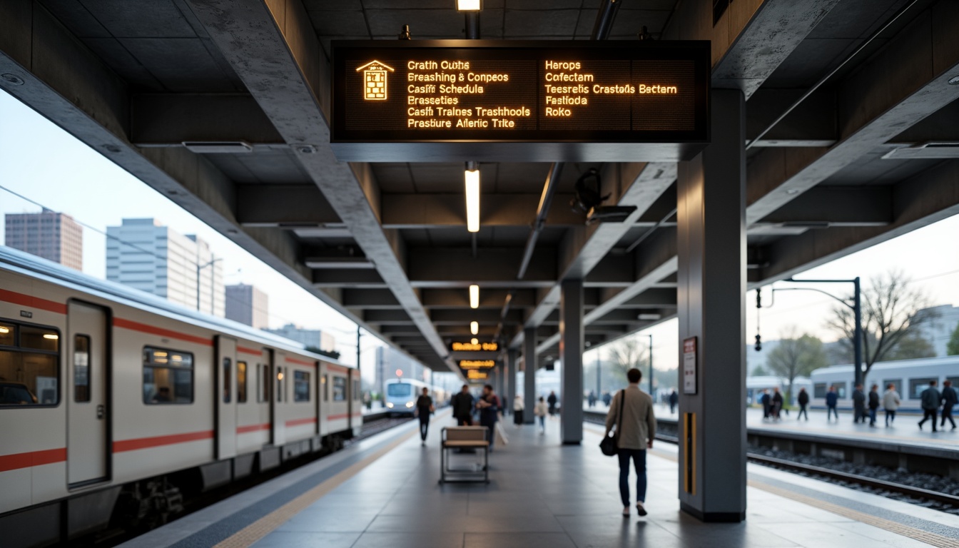 Prompt: Modern train station, sleek metal signage, bold typography, neutral color palette, subtle branding, ample negative space, intuitive wayfinding, clear directions, passenger information displays, real-time schedule updates, clean lines, minimalist design, industrial materials, urban atmosphere, morning rush hour, soft natural lighting, shallow depth of field, 1/2 composition, realistic textures, ambient occlusion.