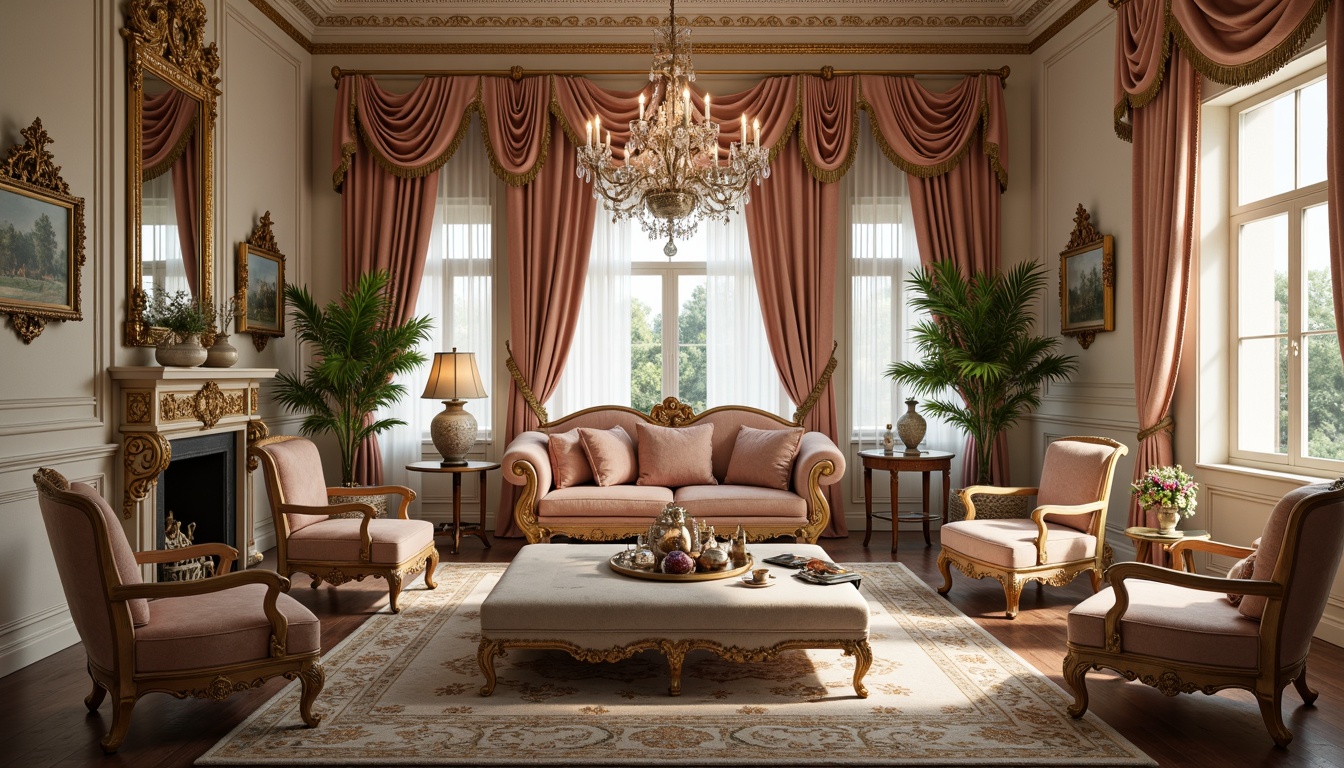 Prompt: Lavish Rococo-style interior, soft pastel hues, ornate gold leaf details, delicate porcelain vases, intricately carved wooden furniture, plush velvet upholstery, rich jewel-toned accents, lavish crystal chandeliers, opulent drapery, subtle sheen fabrics, warm candlelight, romantic ambiance, 1/1 composition, shallow depth of field, soft focus effect.