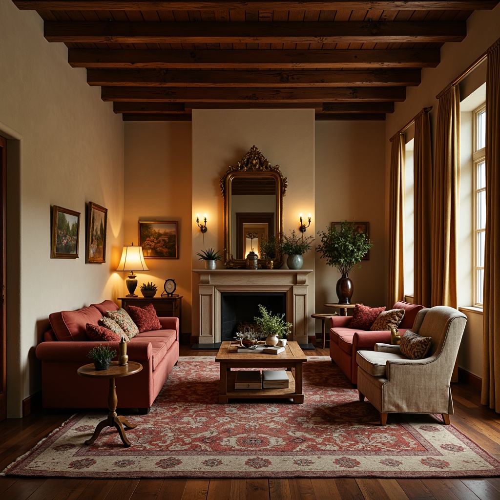 Prompt: Warm traditional living room, plush velvet sofa, soft golden lighting, rich wood furniture, intricate carvings, comfortable armchairs, warm beige walls, cozy throw blankets, vintage patterned rugs, rustic wooden coffee table, classic floral fabrics, luxurious silk curtains, natural linen upholstery, earthy tone color palette, inviting atmosphere, warm ambient glow, shallow depth of field, 1/1 composition, realistic textures, soft focus.