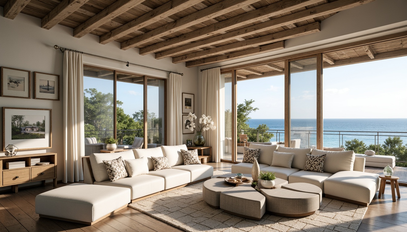 Prompt: Rustic farmhouse, coastal vibes, weathered wood accents, exposed beams, natural stone walls, driftwood furniture, nautical rope details, distressed finishes, soft creamy whites, calming blues, sandy neutrals, ocean-inspired color palette, airy open spaces, large windows, sliding glass doors, panoramic ocean views, sunny day, warm soft lighting, shallow depth of field, 3/4 composition, realistic textures, ambient occlusion.