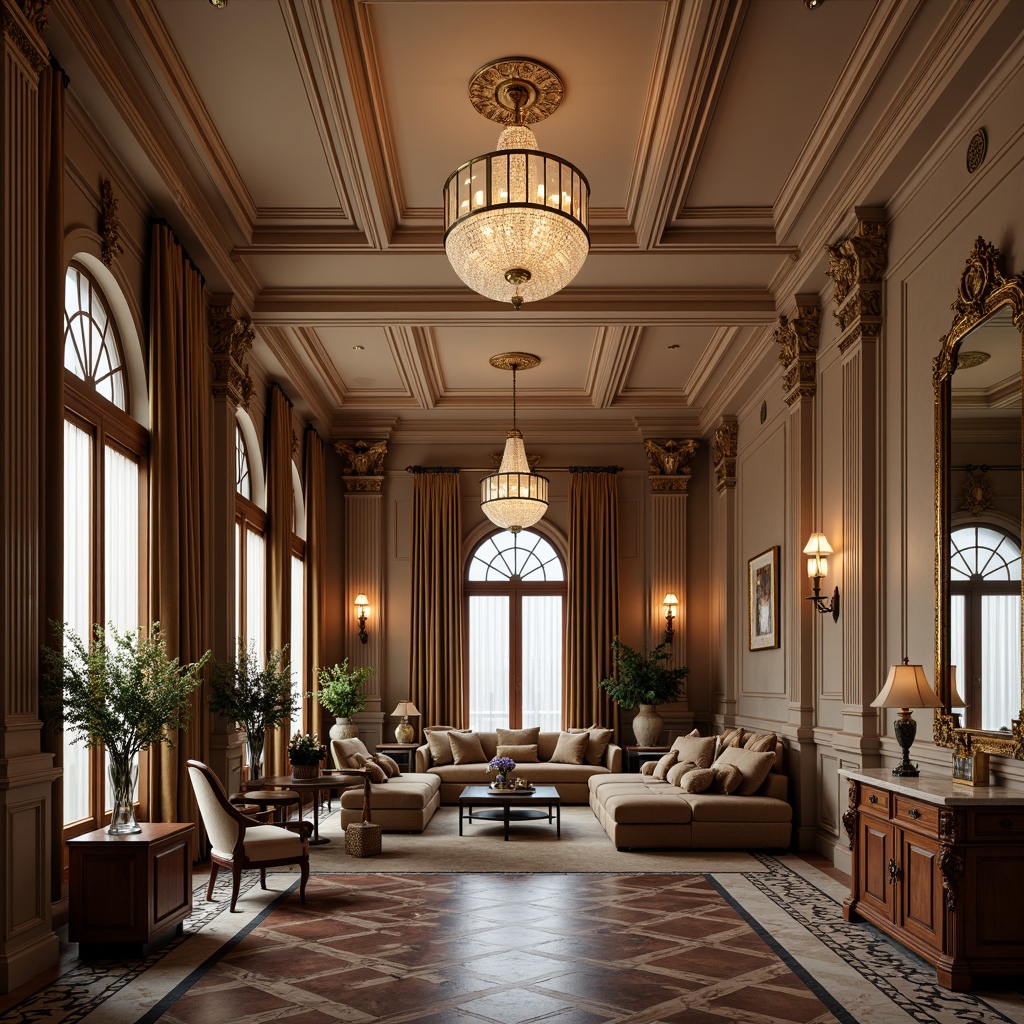 Prompt: Elegant apartment interior, high ceiling, ornate molding details, classical columns, carved wooden panels, luxurious chandeliers, sophisticated color palette, rich fabrics, velvet sofas, marble countertops, intricate floor patterns, ornamental mirrors, lavish drapery, stately furniture, subtle warm lighting, 1/2 composition, shallow depth of field, realistic textures, ambient occlusion.