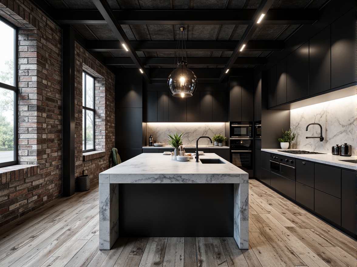 Prompt: Industrial kitchen island, raw concrete countertops, exposed brick walls, metal beam ceiling, reclaimed wood flooring, matte black cabinetry, industrial-style lighting fixtures, stainless steel appliances, minimalist decor, brutalist architecture, monochromatic color scheme, high-contrast shadows, dramatic spotlighting, 1/1 composition, sharp textures, ambient occlusion.