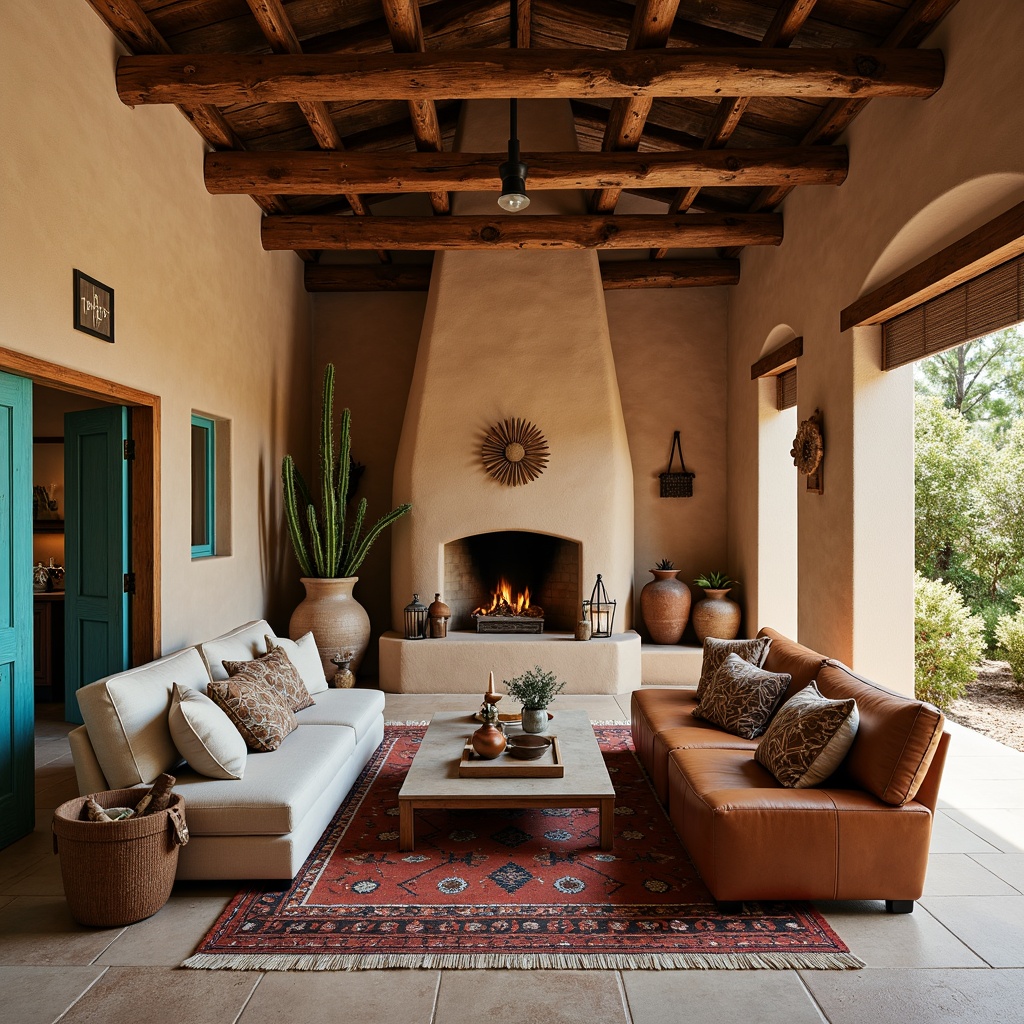 Prompt: Southwestern-style adobe architecture, rustic wooden accents, vibrant turquoise hues, woven textiles, leather upholstery, distressed wood furniture, earthy color palette, natural materials, handmade pottery, woven baskets, desert botanicals, cacti, warm sandy tones, terracotta pots, geometric patterns, Native American-inspired motifs, cozy fireplaces, soft candlelight, shallow depth of field, 1/1 composition, realistic textures.