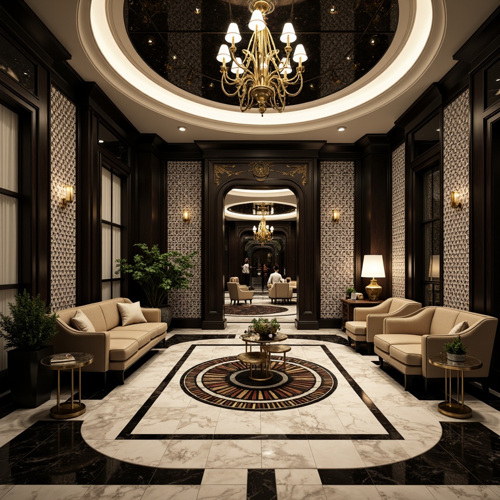 Prompt: Luxurious Art Deco interior, polished marble floors, geometric patterned tiles, metallic inlays, high-gloss wooden flooring, ornate metalwork, vintage-inspired rugs, bold black and white color scheme, opulent chandeliers, lavish furniture, curved lines, angular shapes, metallic accents, rich textures, dramatic lighting, low-angle shot, 1/2 composition, cinematic mood.