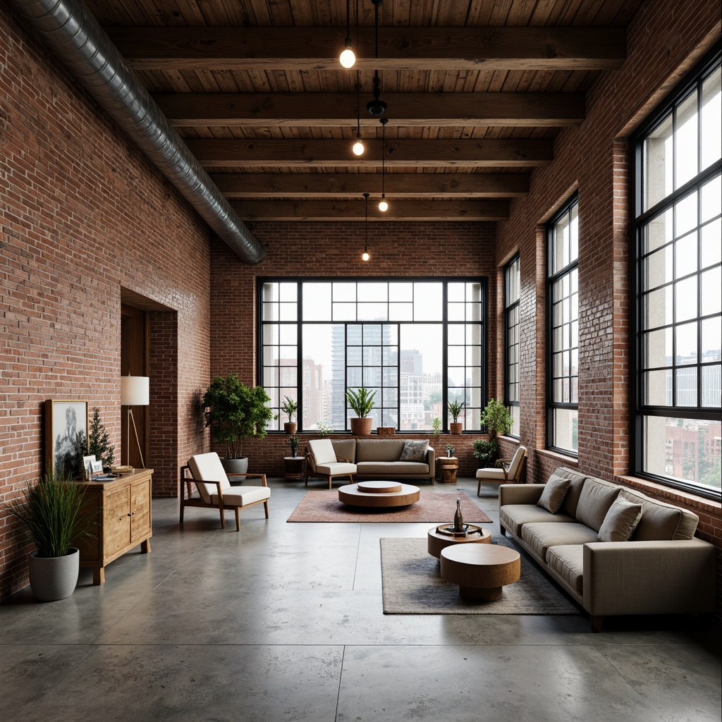 Prompt: Exposed brick walls, industrial chic aesthetic, urban loft atmosphere, reclaimed wood accents, metal beams, polished concrete floors, distressed finishes, vintage decorative elements, Edison bulb lighting, minimalist color palette, neutral tones, functional decor, modern industrial furniture, sleek lines, metallic surfaces, brutalist architecture, raw textures, high ceilings, large windows, natural light, airy feel, urban landscape views.