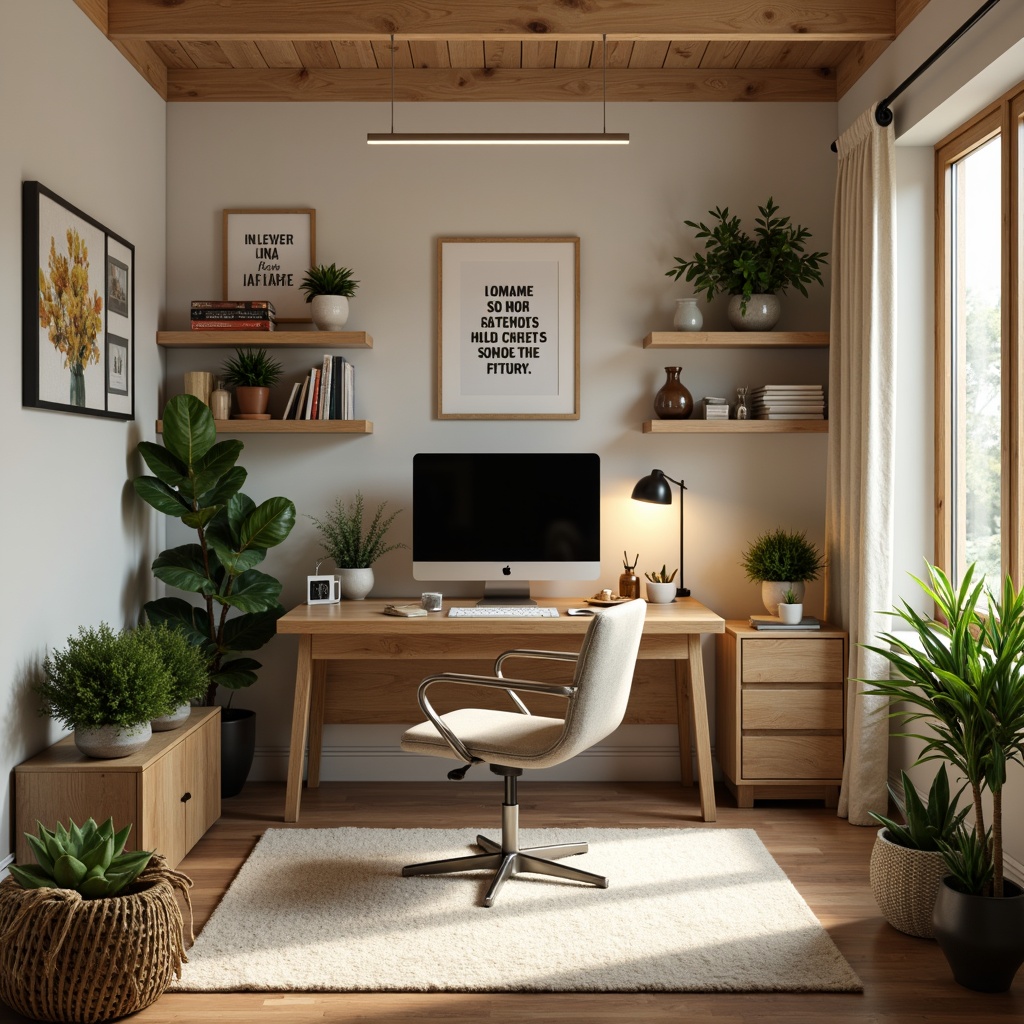 Prompt: Cozy home office, wooden desk, comfortable ergonomic chair, good natural lighting, peaceful plants, organized shelves, inspirational quotes, minimalistic decor, warm beige colors, soft carpet flooring, noise-cancelling headphones, large monitor, wireless keyboard, adjustable desk lamp, motivational artwork, calming scents, refreshing water feature, subtle background music, 1/1 composition, shallow depth of field, realistic textures.