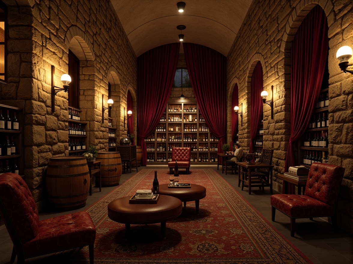 Prompt: Richly textured stone walls, dimly lit ambiance, mysterious shadows, bold red wines, sleek metal wine racks, ornate wooden barrels, rustic earthy tones, warm golden lighting, dramatic high ceilings, intimate private tasting rooms, luxurious velvet drapes, antique furniture pieces, distressed leather-bound books, vintage wine-making equipment, moody atmospheric color palette, deep crimson hues, rich burgundy shades, bold cobalt blues, warm golden yellows, soft creamy whites, cinematic low-key lighting, dramatic chiaroscuro effects.