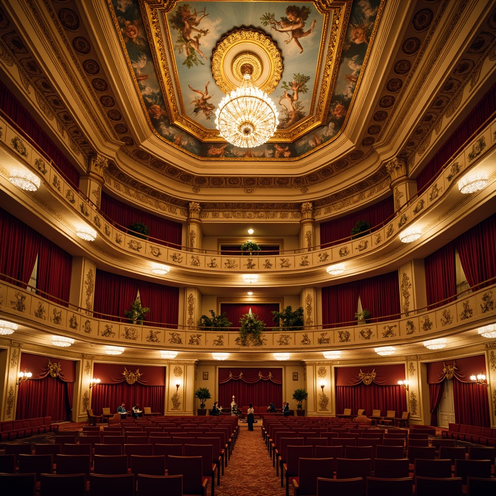 Prompt: Ornate auditorium ceiling, Rococo-style grandeur, intricate moldings, gilded details, crystal chandeliers, ornamental frescoes, curved architectural lines, lavish furnishings, velvet drapes, golden accents, soft warm lighting, shallow depth of field, 1/1 composition, realistic textures, ambient occlusion.