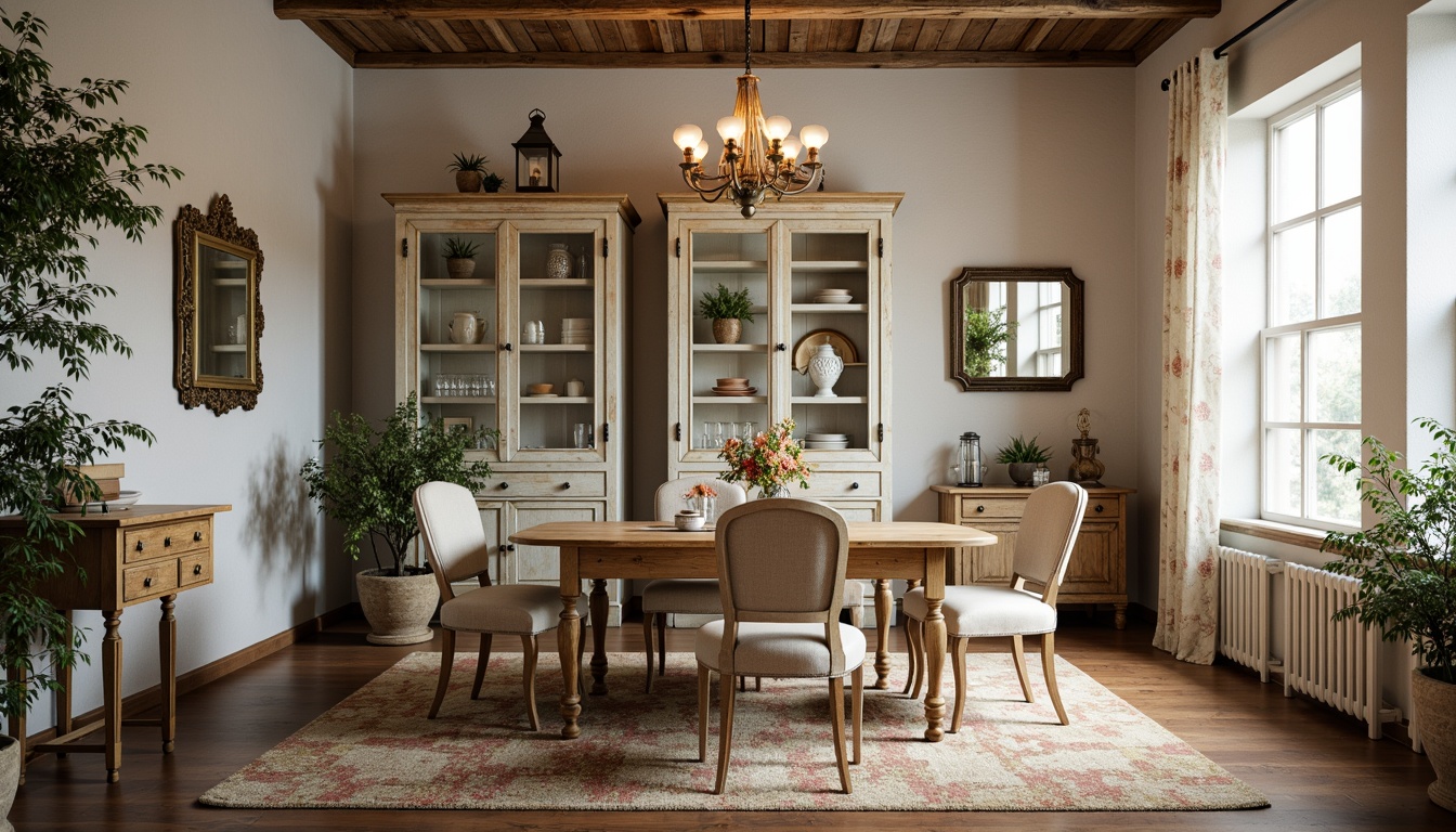 Prompt: Vintage distressed dining table, soft pastel colors, floral patterns, lace curtains, rustic wooden chairs, delicate china cabinets, ornate mirrors, weathered metal lanterns, plush area rugs, natural woven fibers, warm candlelight, shallow depth of field, 1/1 composition, realistic textures, ambient occlusion.