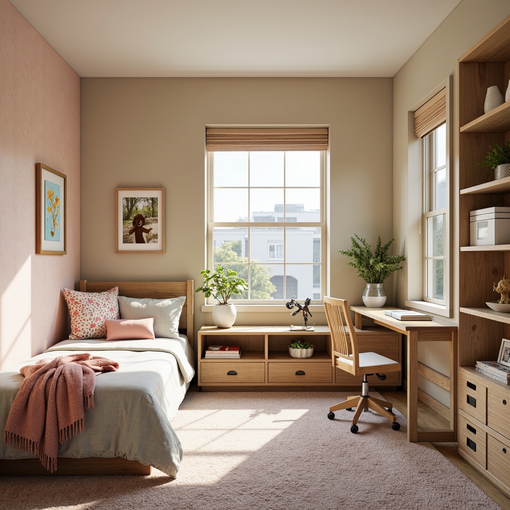 Prompt: Cozy kid's bedroom, soft plush carpet, vibrant colored walls, fun themed bedding, stuffed animal decorations, comfortable reading nook, warm task lighting, natural wood furniture, gentle fabric textures, pastel hues, whimsical patterns, playful polka dots, cheerful stripes, calming nature-inspired designs, ergonomic desk chairs, built-in shelving units, cozy throw blankets, modern minimalist decor, softbox lighting, shallow depth of field, 1/1 composition, realistic fabrics, ambient occlusion.