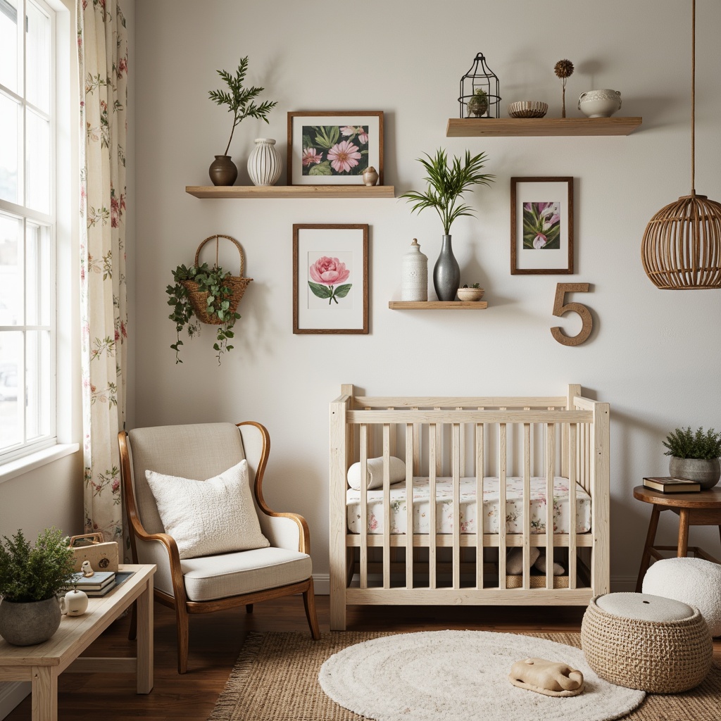 Prompt: Rustic baby nursery, vintage farm tools, distressed wood accents, soft pastel colors, floral patterns, natural textiles, woven baskets, antique window frames, botanical prints, watercolor illustrations, creamy whites, warm beige tones, reclaimed wood shelves, rustic metal lanterns, nature-inspired wall art, wooden letter signs, burlap fabrics, earthy tone rugs, cozy reading nook, softbox lighting, 1/2 composition, intimate atmosphere.