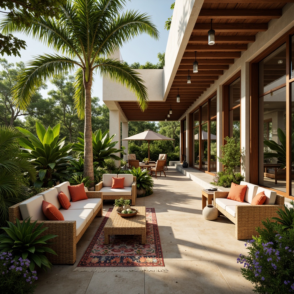 Prompt: Tropical villa, lush greenery, exotic plants, natural wood accents, woven rattan furniture, vibrant colorful textiles, intricate island patterns, large windows, sliding glass doors, clerestory windows, high ceilings, open-plan living areas, warm beige walls, polished concrete floors, rustic wooden beams, pendant lanterns, soft warm lighting, shallow depth of field, 1/2 composition, panoramic view, realistic textures, ambient occlusion.