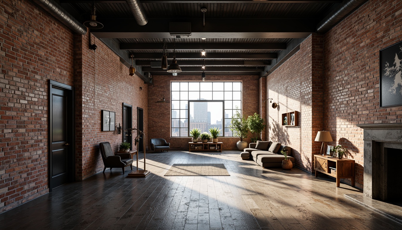 Prompt: Exposed brick walls, metal beams, reclaimed wood flooring, industrial-style lighting fixtures, distressed concrete textures, urban cityscape views, functional machinery components, raw steel accents, edgy modern architecture, open-plan layout, minimalist decor, urban loft atmosphere, high ceilings, large windows, natural light pouring in, dramatic shadows, low-key color palette, gritty realistic render.