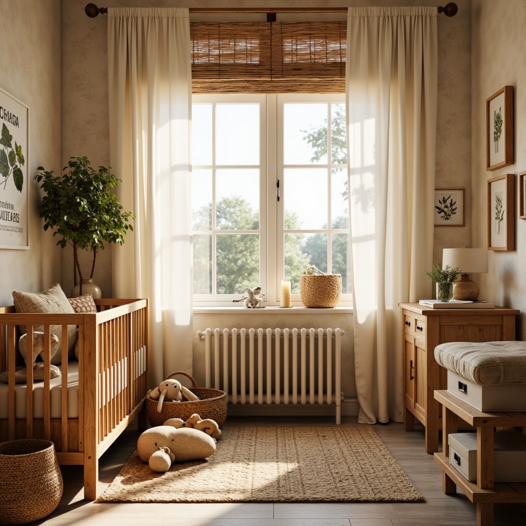 Prompt: Cozy nursery, warm natural light, soft beige walls, wooden crib, plush toys, woven baskets, creamy white curtains, rustic wood blinds, earthy tone fabrics, gentle billowy folds, relaxed Roman shades, nature-inspired patterns, botanical prints, vintage embroidery, distressed wood furniture, warm honey tones, soft candlelight, morning sunlight, serene ambiance, 1/1 composition, shallow depth of field, realistic textures.