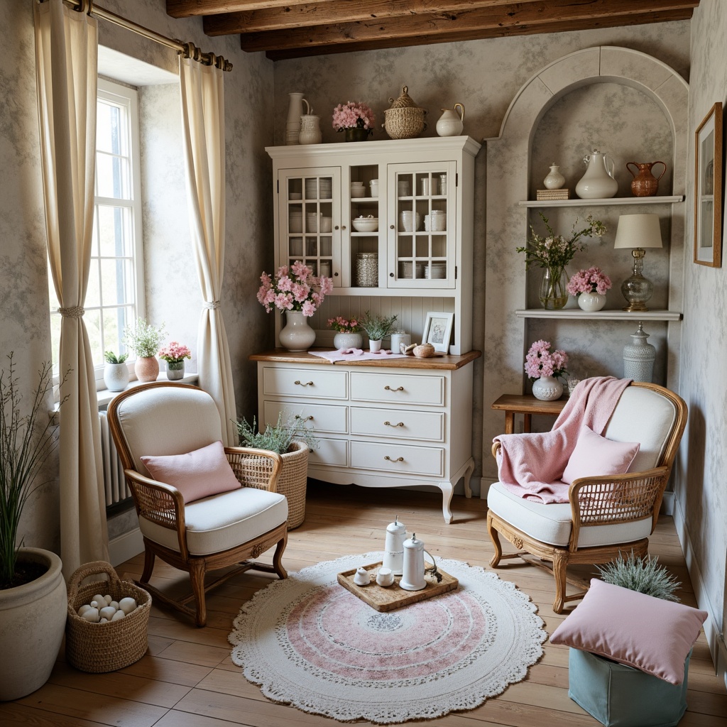 Prompt: Soft, feminine shabby-chic interior, distressed wood furniture, vintage decor, pastel hues, pale pink accents, creamy whites, warm beiges, muted blues, faded florals, lace trimmings, ornate metal details, antique accessories, natural textiles, weathered stone walls, rustic wooden floors, dreamy lighting, soft focus, 1/1 composition, romantic ambiance.