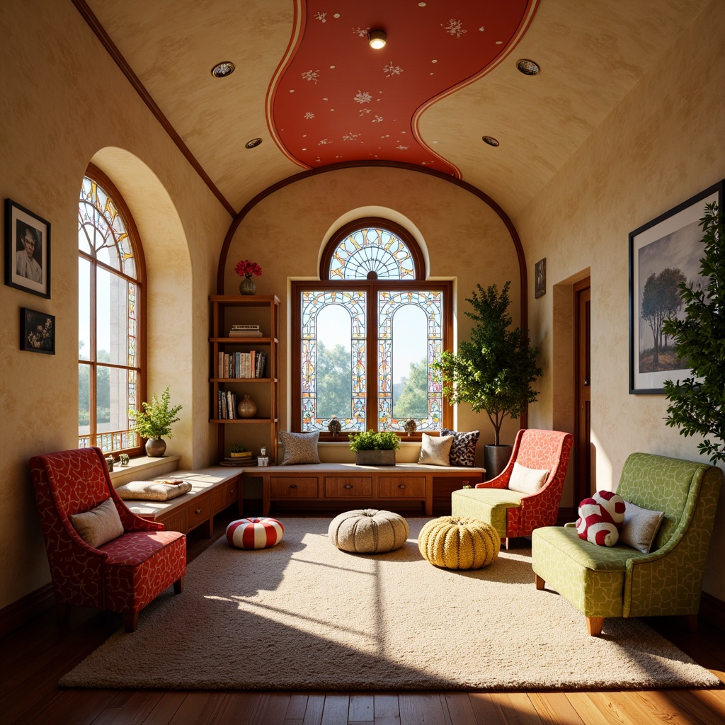 Prompt: Whimsical kids' room, ornate furniture pieces, sinuous curves, organic shapes, flowing lines, vibrant colors, stained glass windows, floral patterns, natural materials, wooden accents, plush carpets, cozy reading nooks, curved doorways, decorative metalwork, intricate carvings, soft warm lighting, 1/2 composition, shallow depth of field, realistic textures, ambient occlusion.