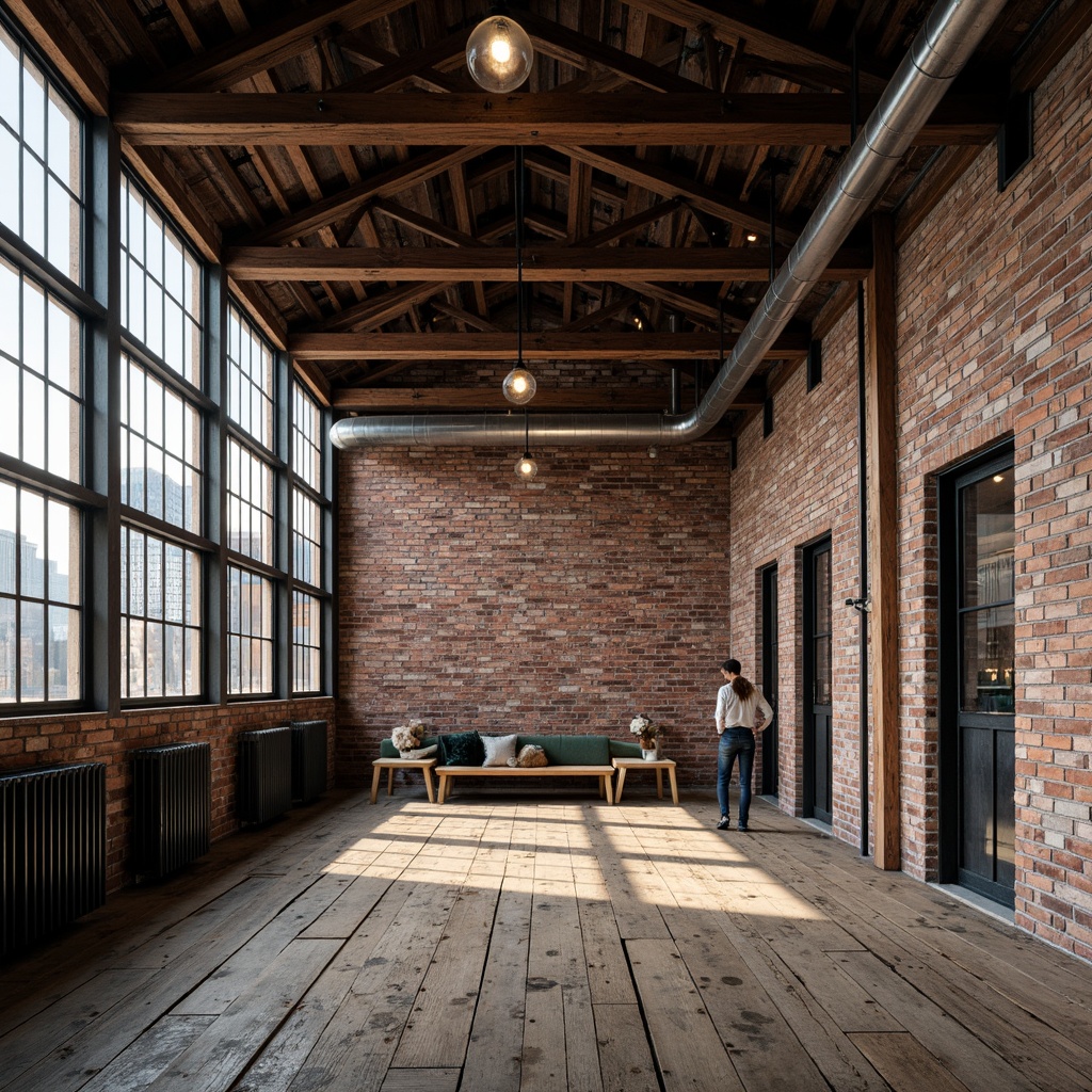 Prompt: Exposed brick walls, industrial metal beams, reclaimed wood flooring, vintage factory windows, Edison bulb lighting, distressed concrete textures, urban cityscape backdrop, converted warehouse atmosphere, functional machinery details, metallic color palette, brutalist architectural style, dramatic high ceilings, minimal ornamentation, functional decor, rustic charm, afternoon natural light, shallow depth of field, 2/3 composition.