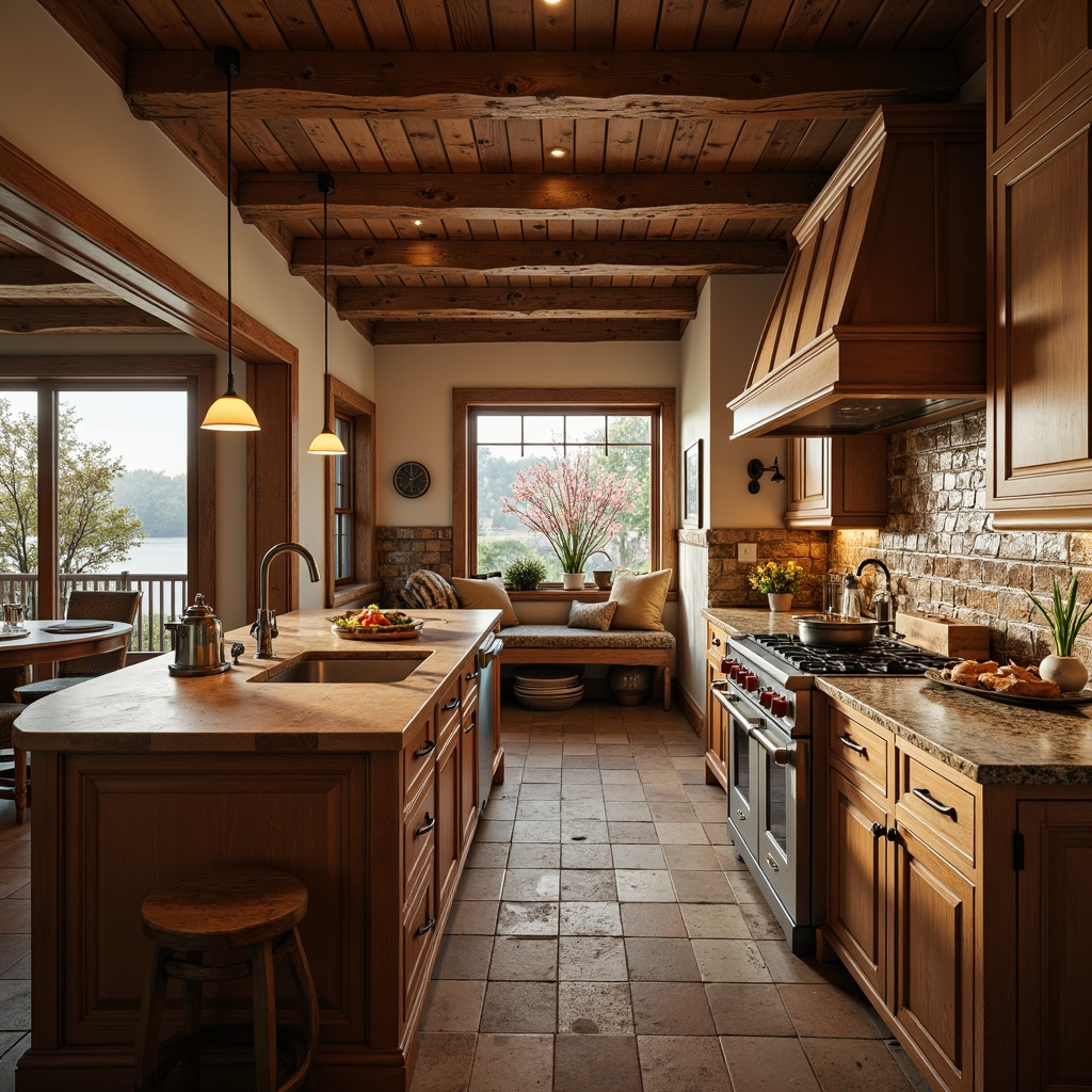 Prompt: Rustic kitchen, earthy tones, wooden cabinetry, granite countertops, butcher block island, warm lighting, natural stone backsplash, traditional faucet, apron-front sink, distressed wood flooring, vintage appliances, cozy breakfast nook, soft morning light, shallow depth of field, 2/3 composition, realistic textures, ambient occlusion.