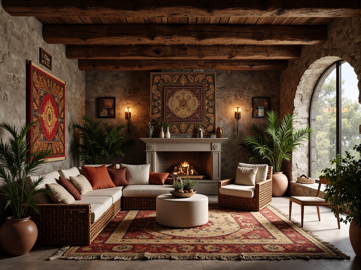 Prompt: Rustic wooden accents, rough stone walls, metallic sheen, smooth glass surfaces, intricate mosaics, woven rattan furniture, distressed leather upholstery, vibrant tapestries, natural fiber rugs, earthy terracotta pots, lush greenery, warm candlelight, soft focused lighting, shallow depth of field, 1/1 composition, realistic textures, ambient occlusion.