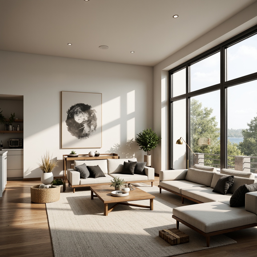 Prompt: Minimalist living room, natural light, whitewashed walls, wooden flooring, Scandinavian furniture, sleek lines, functional design, cozy textiles, warm candlelight, greenery, potted plants, floor-to-ceiling windows, sliding glass doors, open-plan layout, modern kitchen island, marble countertops, stainless steel appliances, airy atmosphere, soft shadows, 1/1 composition, realistic textures, ambient occlusion.