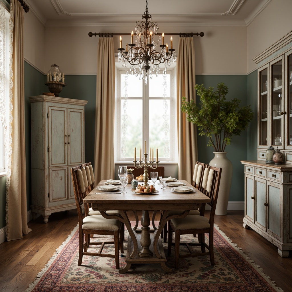 Prompt: Vintage distressed dining table, ornate wooden chairs, soft pastel hues, lace curtains, floral patterns, rustic wooden floors, antique candelabras, mercury glass vases, natural linen upholstery, delicate china cabinets, elegant crystal chandeliers, warm candlelight, romantic ambiance, 1/1 composition, shallow depth of field, realistic textures.