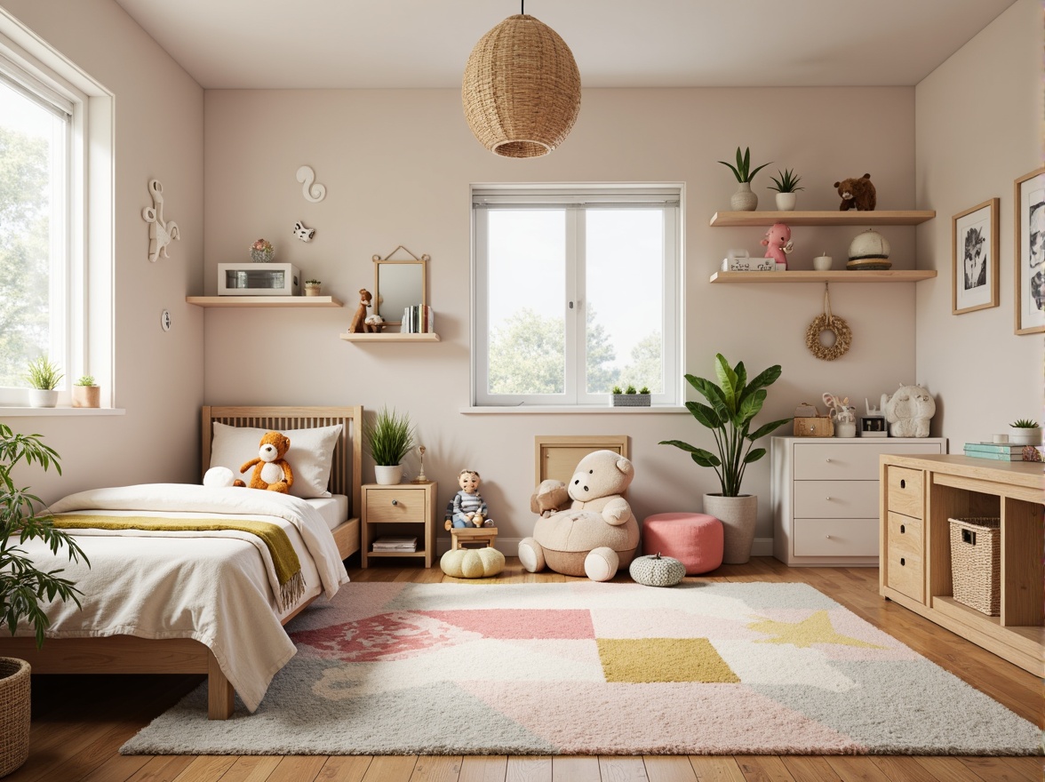 Prompt: Cozy kids' bedroom, plush carpets, soft pastel colors, adorable stuffed animals, gentle lighting, calming ambiance, comfortable seating areas, vibrant patterned textiles, whimsical wall decals, modern minimalist furniture, sturdy wooden beds, colorful storage bins, playful rug designs, natural fiber fabrics, soothing color schemes, warm beige tones, inviting reading nooks, 1/2 composition, softbox lighting, realistic fabric textures.