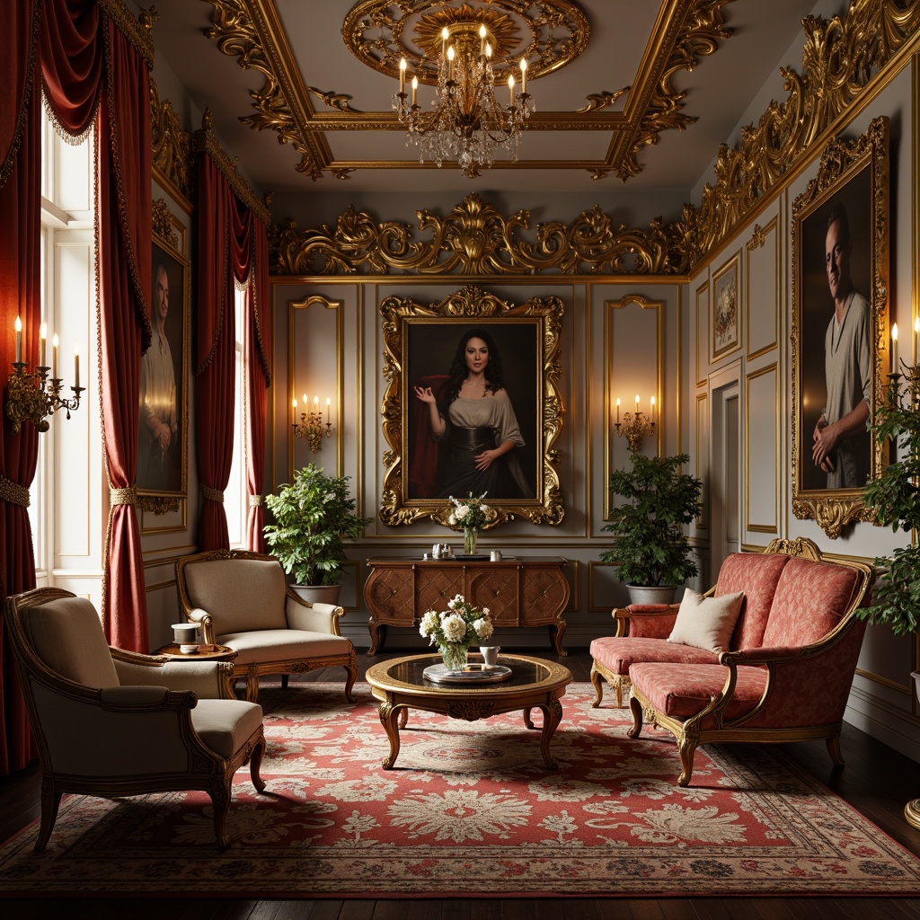 Prompt: Luxurious Rococo-style interior, ornate gold accents, delicate floral patterns, soft velvet fabrics, intricately carved wooden furniture, plush silk upholstery, crystal chandeliers, subtle sheen on metallic surfaces, warm candlelight, 1/2 composition, shallow depth of field, elegant curves, rich jewel-toned colors, subtle texture blending, detailed ornamentation.