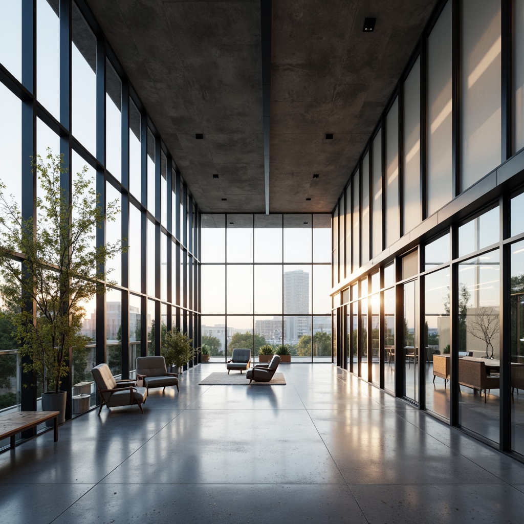 Prompt: Minimalist building, sleek lines, monochromatic color scheme, abundant natural light, floor-to-ceiling windows, transparent glass walls, reflective surfaces, open-plan interior, sparse furnishings, industrial materials, exposed ductwork, polished concrete floors, neutral color palette, subtle textures, warm ambient lighting, soft shadows, 1/1 composition, realistic renderings, ambient occlusion.