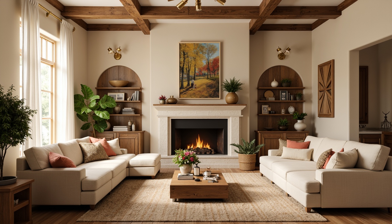 Prompt: Cozy living room, warm beige walls, soft cream sofas, rich walnut wood furniture, plush area rugs, golden lighting fixtures, earthy terracotta vases, vibrant greenery, natural stone fireplace, comfortable reading nooks, calming ambiance, warm neutral tones, soft pastel accents, inviting textures, 1/1 composition, intimate atmosphere, realistic rendering.