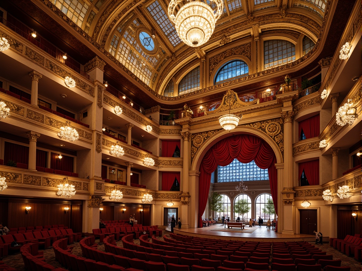 Prompt: Grand opera house, opulent chandeliers, sweeping staircases, ornate balconies, velvet curtains, gilded details, intricate moldings, crystal glass doors, stained glass ceilings, majestic archways, dramatic spotlights, rich wood paneling, luxurious fabrics, Baroque-inspired patterns, soft warm lighting, shallow depth of field, 1/1 composition, panoramic view, realistic textures, ambient occlusion.