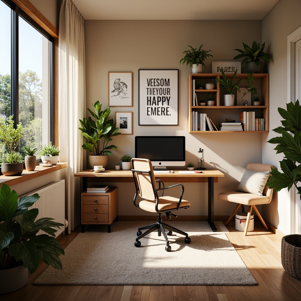 Prompt: Cozy home office, wooden desk, ergonomic chair, large monitor, keyboard tray, inspirational quotes, green plants, natural light, soft carpet, calming colors, minimalist decor, organized storage, adjustable shelving, comfortable reading nook, floor lamp, warm beige walls, creative artwork, functional layout, 1/1 composition, shallow depth of field, softbox lighting.