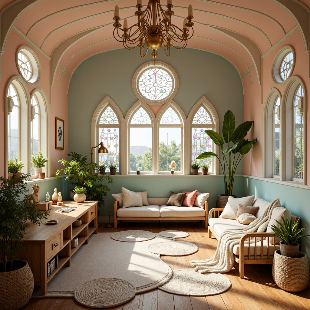 Prompt: Whimsical kid's room, Art Nouveau style, curly ornate furniture, flowing organic lines, pastel color palette, soft peach walls, creamy white trim, pale turquoise accents, rich gold details, intricate floral patterns, stained glass windows, lush greenery, natural textiles, woven baskets, plush carpets, warm cozy lighting, shallow depth of field, 1/1 composition, romantic ambiance.