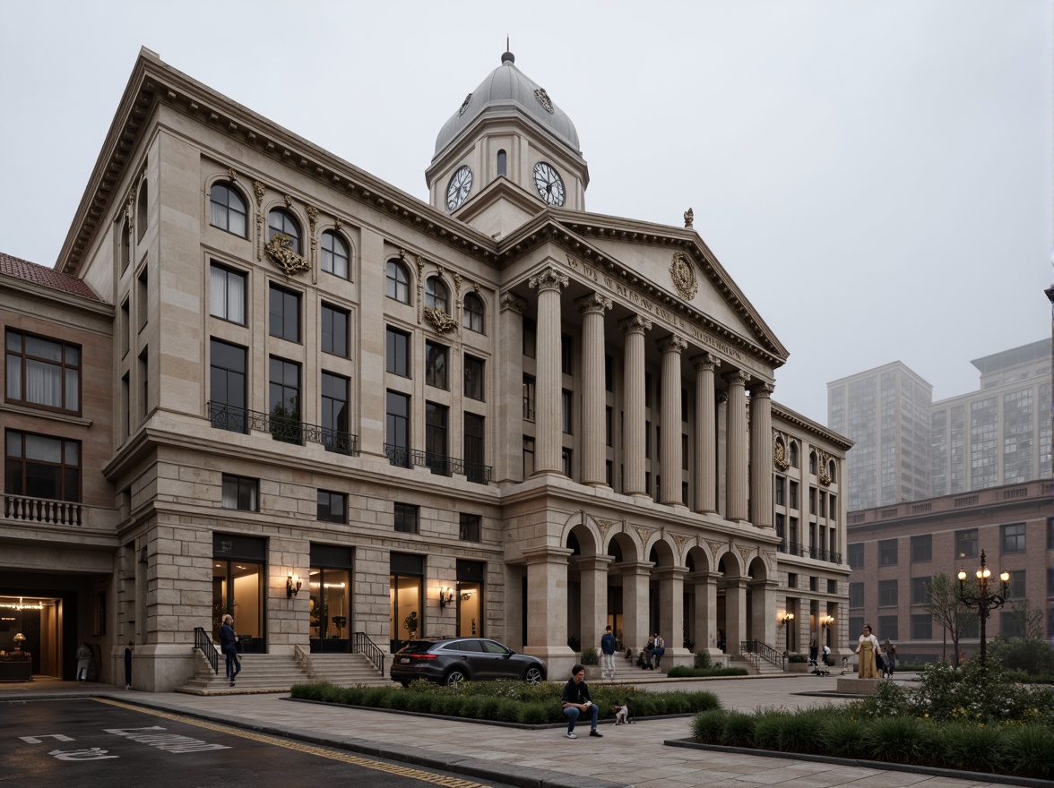 Prompt: Grand distribution center, classical architecture style, rusticated stone base, ornate Corinthian columns, decorative entablature, sweeping arches, grandiose entrance, symmetrical fa\u00e7ade, limestone walls, terra cotta roofing, subtle moldings, refined pilasters, stately clock tower, majestic dome, elegant balustrades, polished granite floors, stucco walls, traditional brickwork, ornate metalwork, vintage industrial equipment, soft warm lighting, atmospheric mist, 1/1 composition, detailed textures, realistic ambient occlusion.