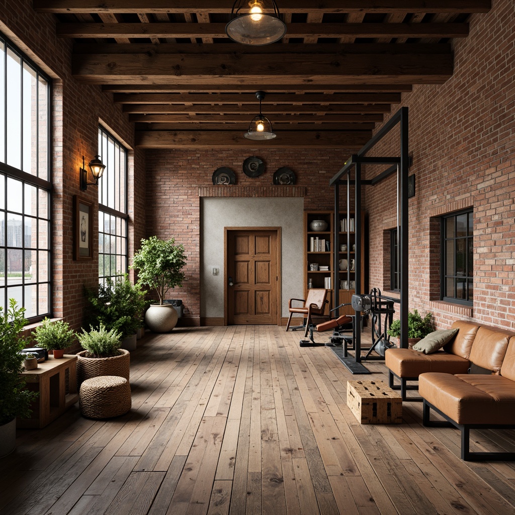 Prompt: Rustic wooden accents, exposed brick walls, metal beams, reclaimed wood flooring, vintage fitness equipment, industrial-style lighting, earthy color palette, natural textiles, woven baskets, potted plants, distressed leather furniture, wooden crates, stone feature wall, large windows, soft warm lighting, shallow depth of field, 3/4 composition, realistic textures, ambient occlusion.