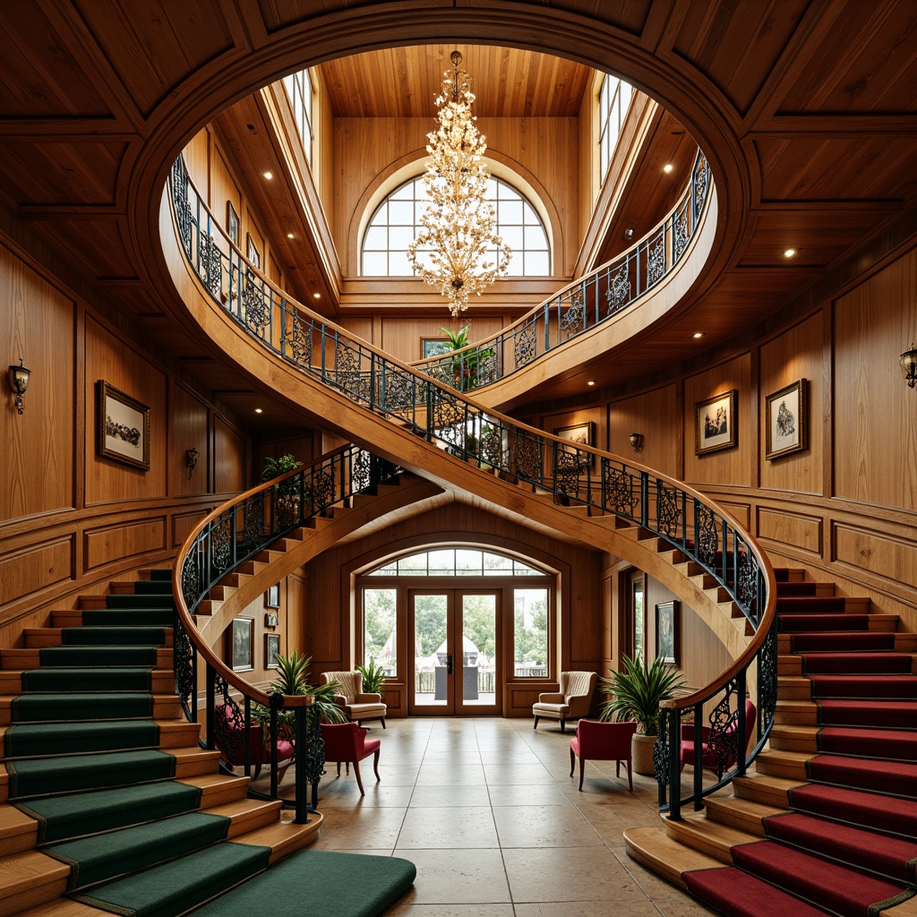 Prompt: Richly ornamented staircase, flowing organic lines, sinuous curves, warm golden wood tones, intricate ironwork, bronze details, jewel-toned emerald green, deep crimson red, soft ivory white, luxurious velvet textures, subtle sheen, ornate balusters, dramatic spiral shape, grand entrance hall, opulent chandelier, warm soft lighting, shallow depth of field, 1/2 composition, realistic materials, ambient occlusion.