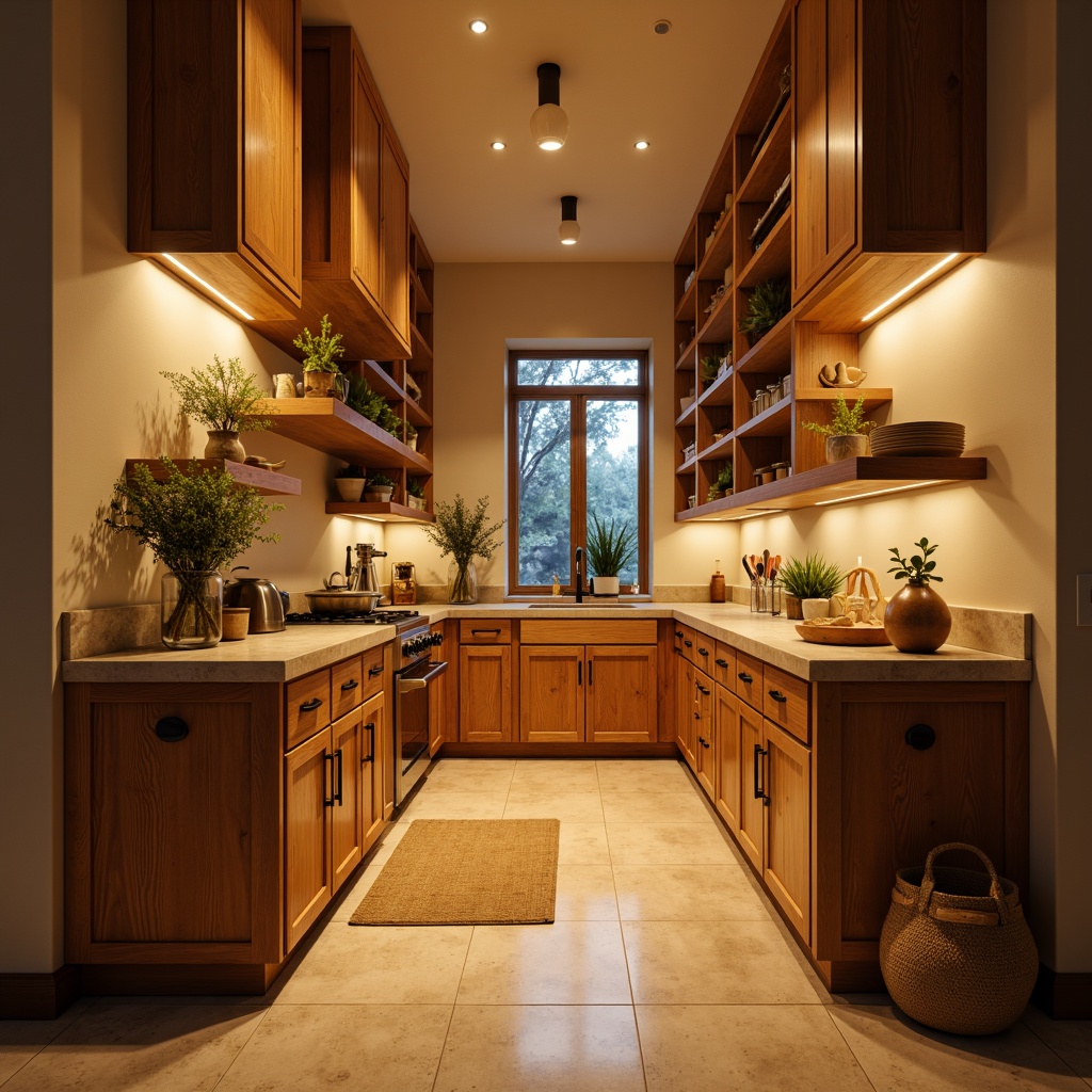 Prompt: Warm pantry lighting, soft golden glow, recessed ceiling lights, under-cabinet LED strips, pendant lamps, matte finish, warm beige tones, natural wood accents, rustic metal hardware, earthy color palette, cozy atmosphere, subtle shadows, 1/1 composition, shallow depth of field, realistic textures, ambient occlusion.