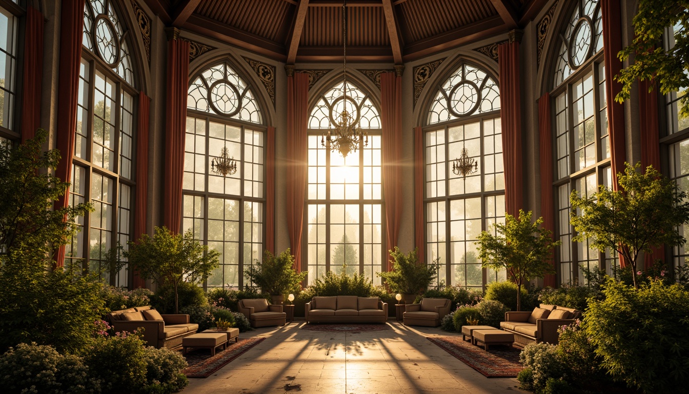 Prompt: Grandiose sunroom, pointed arch windows, stained glass panels, ornate stone carvings, ribbed vaulted ceiling, dramatic curtains, intricate tracery, majestic chandeliers, mystical ambiance, warm golden lighting, soft diffused glow, 1/1 composition, symmetrical arrangement, vibrant floral patterns, lush greenery, misty morning atmosphere.