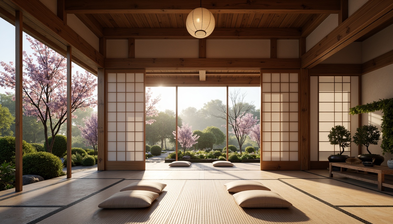 Prompt: Traditional Japanese architecture, tatami mats, shoji screens, sliding doors, minimalist decor, natural wood accents, paper lanterns, tranquil gardens, bonsai trees, cherry blossom branches, soft warm lighting, shallow depth of field, 3/4 composition, panoramic view, realistic textures, ambient occlusion.