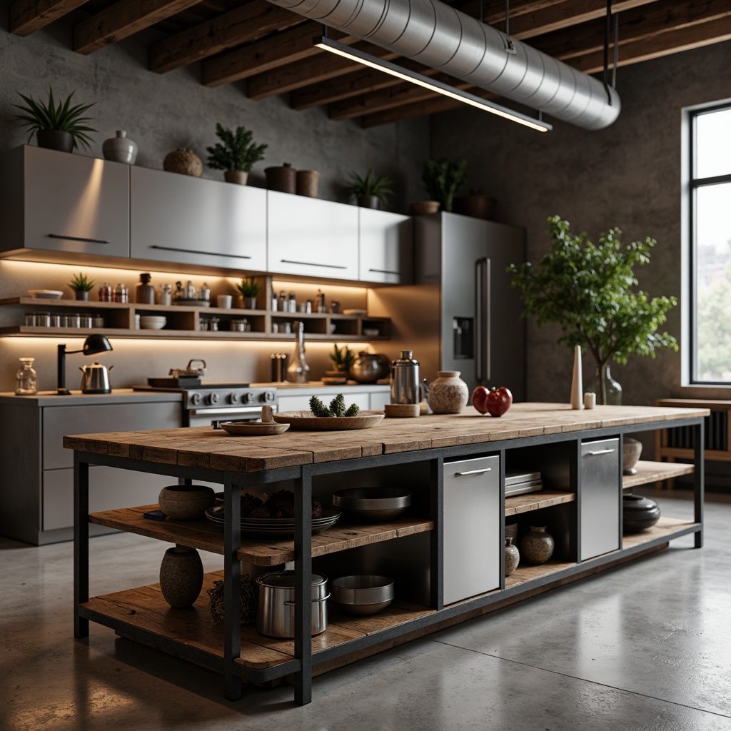 Prompt: Sleek workbench, industrial metal frame, reclaimed wood top, minimalist decor, organized tool storage, stainless steel cabinets, epoxy resin countertops, modern LED lighting, concrete floors, sparse greenery, natural stone accents, urban loft atmosphere, soft warm glow, shallow depth of field, 1/1 composition, realistic textures, ambient occlusion.