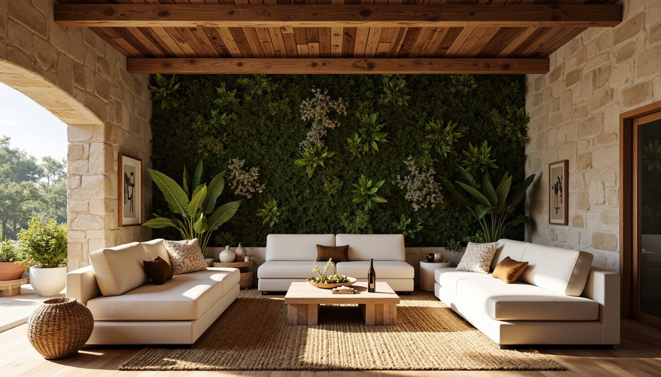 Prompt: Earth-toned interior, reclaimed wood accents, natural stone walls, woven bamboo furniture, jute rug, living green walls, organic shapes, minimalist decor, earthy color palette, warm ambient lighting, soft shadows, 3/4 composition, intimate atmosphere, cozy nooks, nature-inspired patterns, sustainable materials, eco-friendly design.