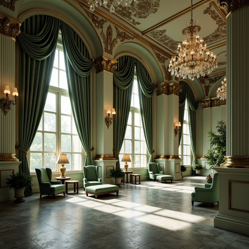 Prompt: Luxurious Baroque interior, soft celadon hues, ornate gold accents, intricate carvings, grand chandeliers, velvet drapes, marble floors, stately columns, arched windows, subtle warm lighting, shallow depth of field, 1/1 composition, elegant curves, sophisticated textures, atmospheric ambiance.