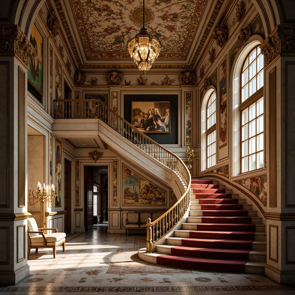 Prompt: Intricate carvings, ornate moldings, gilded accents, grand chandeliers, sweeping archways, curved staircases, polished marble floors, luxurious velvet upholstery, intricate frescoes, ornamental mirrors, lavish mosaics, Baroque-inspired patterns, soft warm lighting, shallow depth of field, 1/1 composition, realistic textures, ambient occlusion.