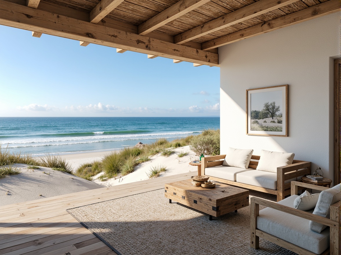 Prompt: Coastal cottage, soft sandy dunes, calming ocean views, weathered wood accents, distressed finishes, sea salt spray, gentle waves, clear blue skies, warm sunlight, driftwood furniture, natural textiles, linen upholstery, coral-inspired hues, soothing blues, whites, and creams, subtle nautical accents, rustic metal decor, woven sea grass, beachy vibes, laid-back atmosphere, 1/1 composition, soft focus, warm color grading, realistic materials.