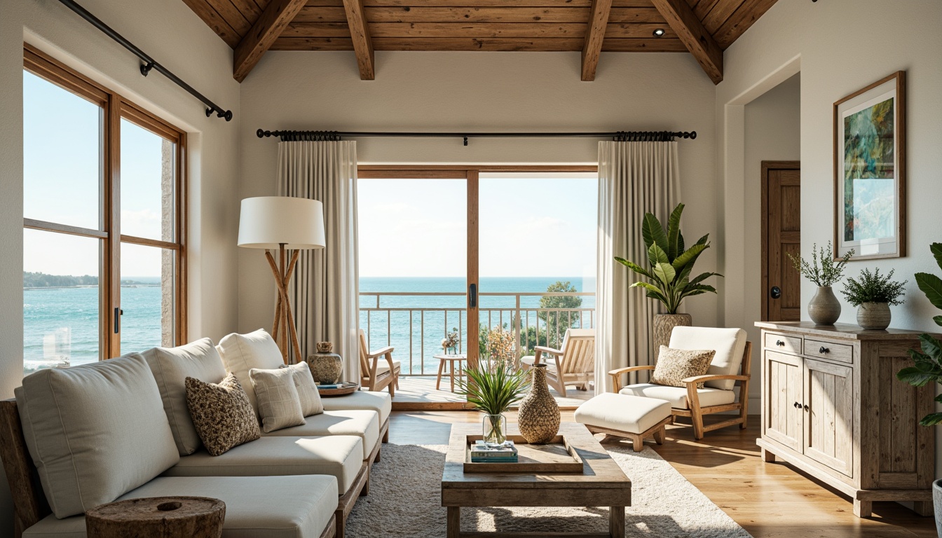 Prompt: Soft warm lighting, coastal-themed lamps, natural woven fibers, driftwood accents, ocean-inspired color palette, calming turquoise hues, creamy whites, weathered wood tones, rustic metal fixtures, nautical rope details, subtle shell patterns, beachy textures, distressed finishes, airy open spaces, floor-to-ceiling windows, sliding glass doors, sunny day, gentle sea breeze, 1/1 composition, warm soft focus, realistic ambient occlusion.