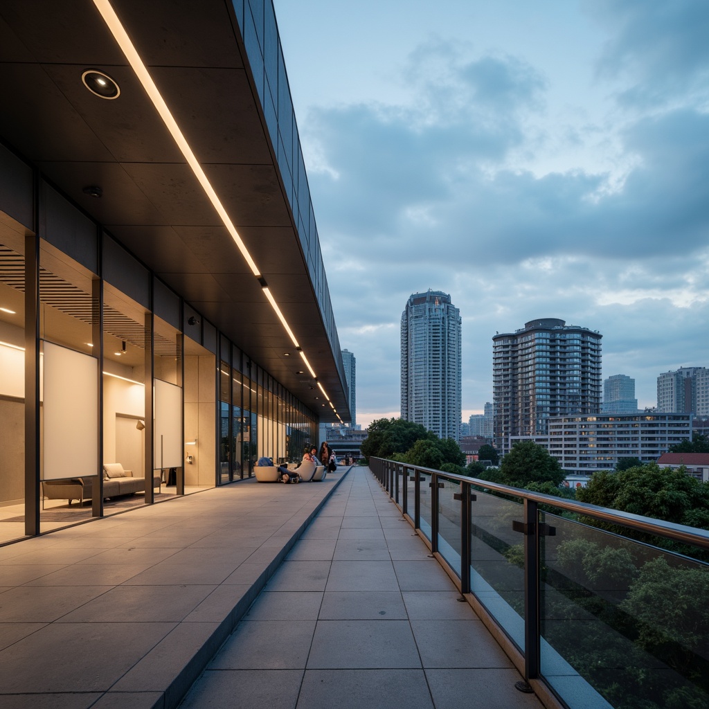 Prompt: Sleek modernist building, curved lines, minimalist decor, polished chrome fixtures, recessed lighting, ambient glow, subtle shadows, frosted glass diffusers, LED strips, hidden light sources, futuristic ambiance, urban cityscape, cloudy day, soft warm illumination, shallow depth of field, 3/4 composition, panoramic view, realistic textures, ambient occlusion.