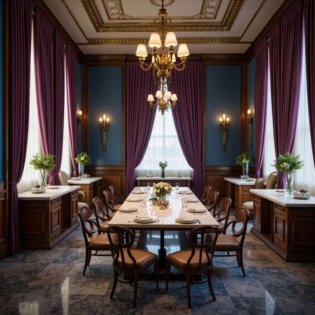 Prompt: Elegant dining room, blue violet accent walls, rich walnut wood furniture, creamy white marble countertops, ornate golden lighting fixtures, luxurious velvet drapes, soft misty atmosphere, warm candlelight, 1/2 composition, intimate close-up shots, subtle shadows, realistic reflections, ambient occlusion.