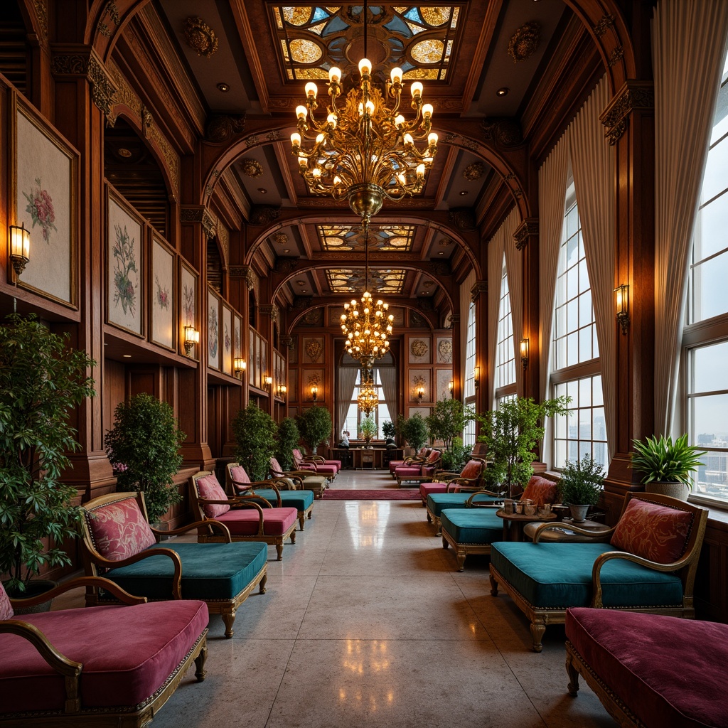 Prompt: Intricate wooden chairs, curvaceous metal frames, sinuous lines, organic shapes, flowing tendrils, botanical motifs, ornate carvings, luxurious upholstery, velvet fabrics, jewel-toned colors, brass accents, stained glass inlays, decorative mirrors, grandiose chandeliers, opulent drapery, lavish textiles, soft warm lighting, 1/1 composition, shallow depth of field, realistic textures, ambient occlusion.