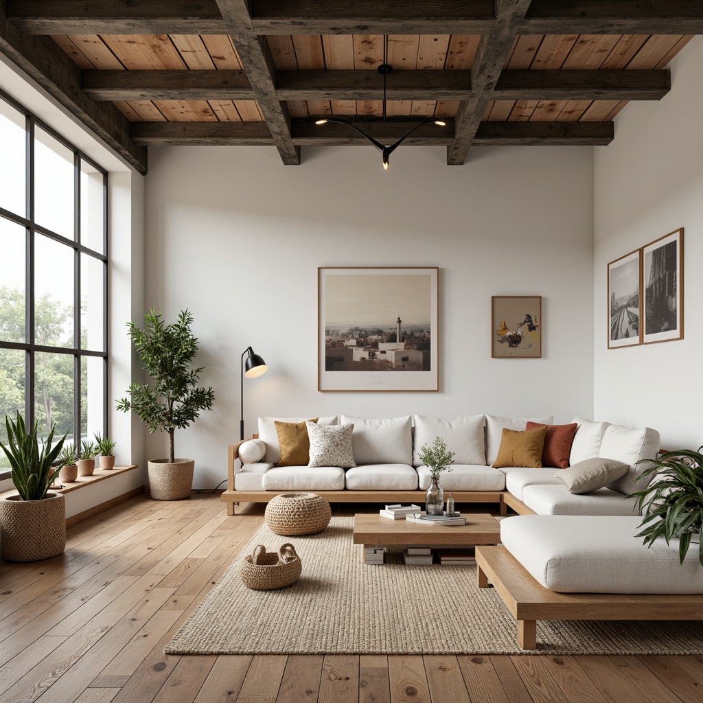 Prompt: Minimalist loft, Scandinavian decor, open floor plan, high ceilings, large windows, natural light, wooden flooring, white walls, industrial metal beams, cozy reading nook, comfortable sectional sofa, abstract artwork, pendant lighting, greenery, potted plants, woven textiles, natural materials, earthy color palette, soft warm lighting, shallow depth of field, 3/4 composition, panoramic view, realistic textures, ambient occlusion.