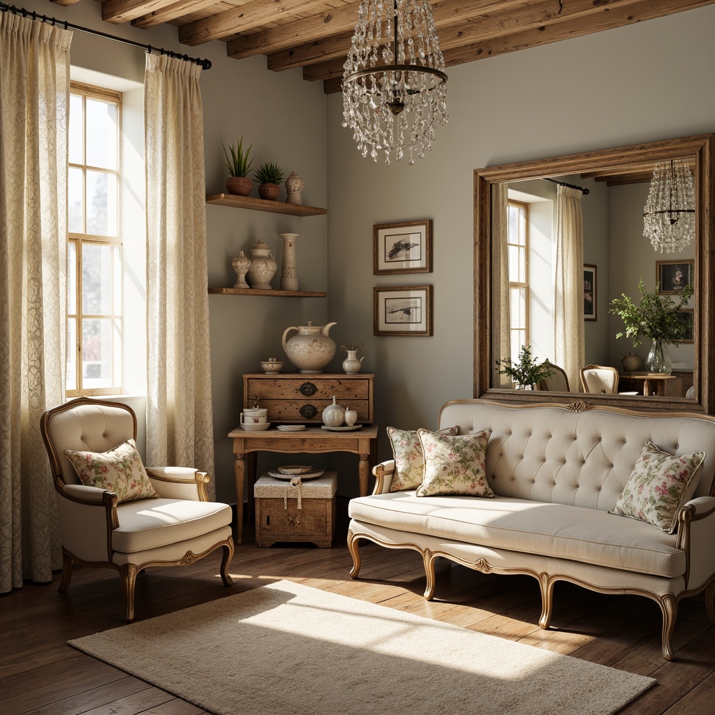 Prompt: Distressed vintage furniture, soft pastel colors, lace curtains, floral patterns, rustic wooden accents, antique metalware, delicate ceramics, woven baskets, natural fibers, ivory whites, warm beige tones, plush area rugs, ornate mirrors, crystal chandeliers, subtle sparkle, warm golden lighting, shallow depth of field, 1/1 composition, intimate atmosphere, cozy nooks.