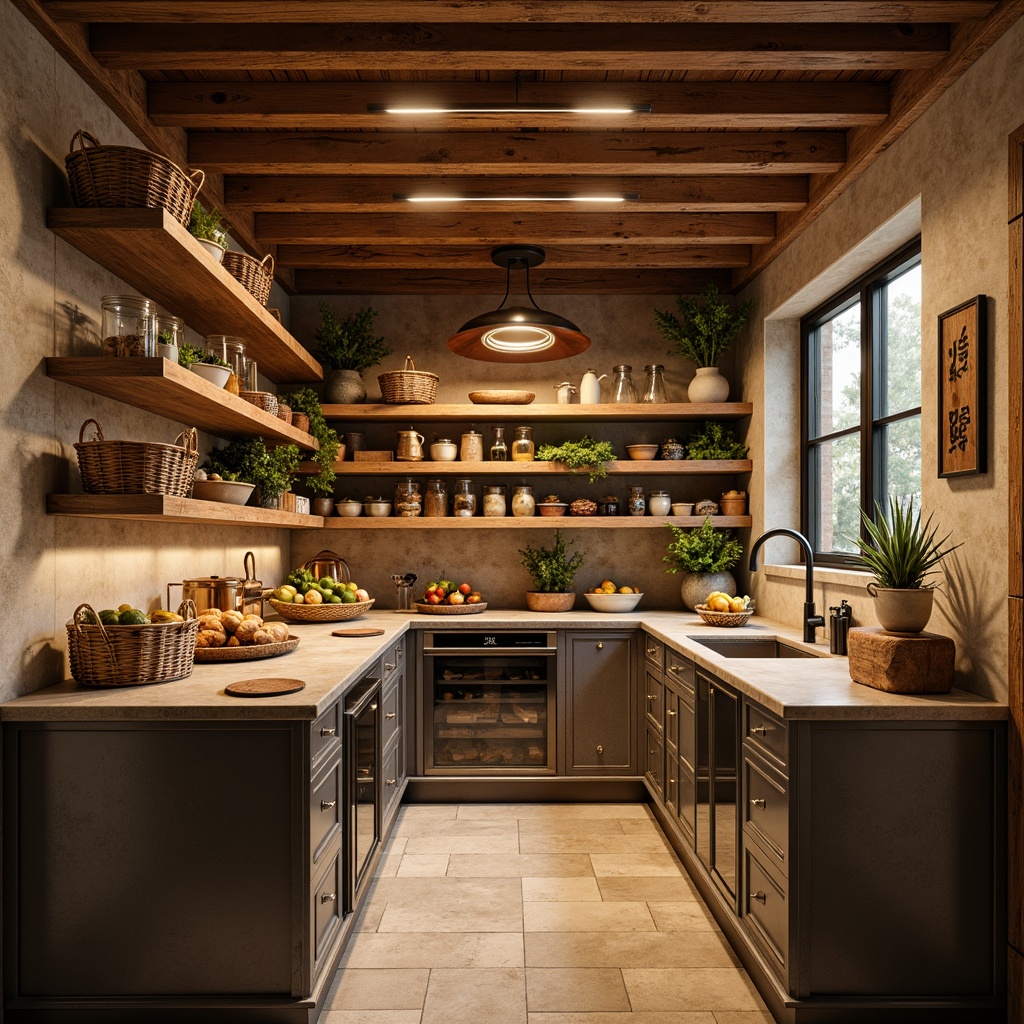 Prompt: Cozy pantry, rustic wooden shelves, vintage metal cabinets, earthy stone countertops, warm beige walls, soft golden lighting, aromas of baked goods, fresh fruits and vegetables, woven baskets, ceramic jars, glass containers, copper accents, industrial-style pendant lights, distressed finishes, natural textures, 3/4 composition, shallow depth of field, realistic renderings, ambient occlusion.